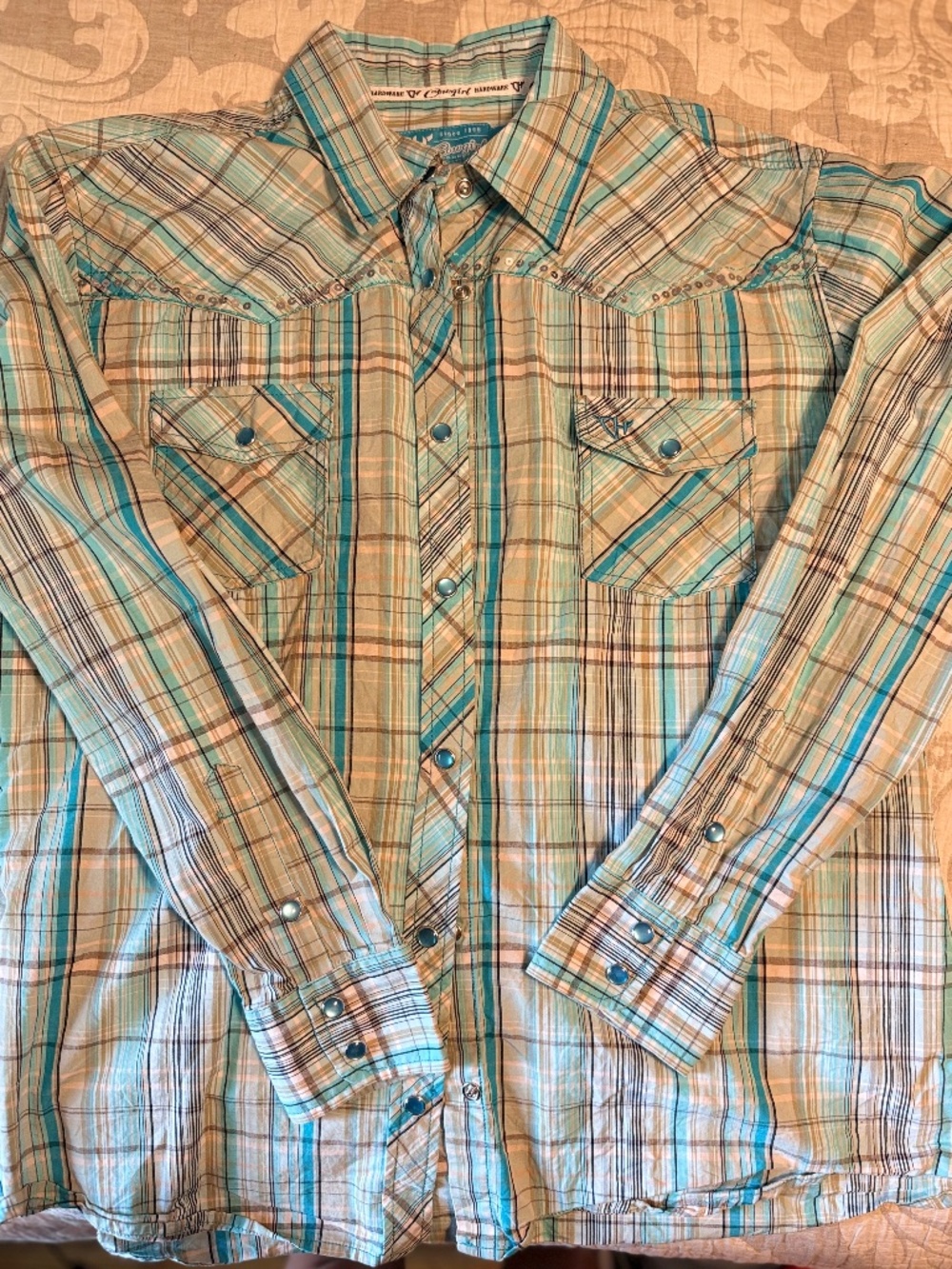 Women’s cowgirl hardware western 100% cotton snap shirt large